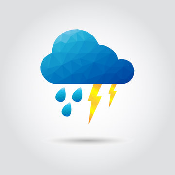 Rain cloud with lightning polygon icon in modern style with shadow and gray background. Geometric symbol of rainy day, thunder and storm.