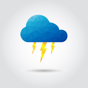 Lightning cloud polygon icon in modern style with shadow and gray background. Geometric symbol of weather icon and thunderstorm.
