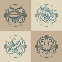 Set of round logo icons. Air transport and flying.