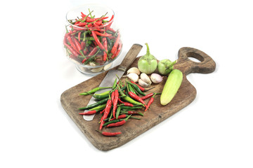 vegetable, knives and old cutting boards on isolate background.