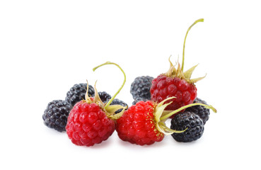 blackberries and raspberries isolated on white background