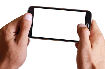 Male hand taking photo with cell, mobile phone isolated on white background.