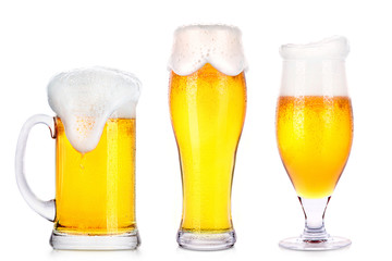 Frosty glasses of light beer isolated 