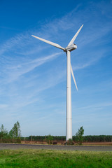Windmills for electric power production on the green grass. land