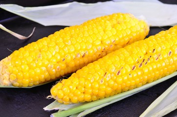 Boiled corn roasted on the grill