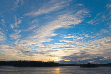 lake in the spring at sunset