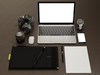 Designer accessories and gadgets on brown leather  background
