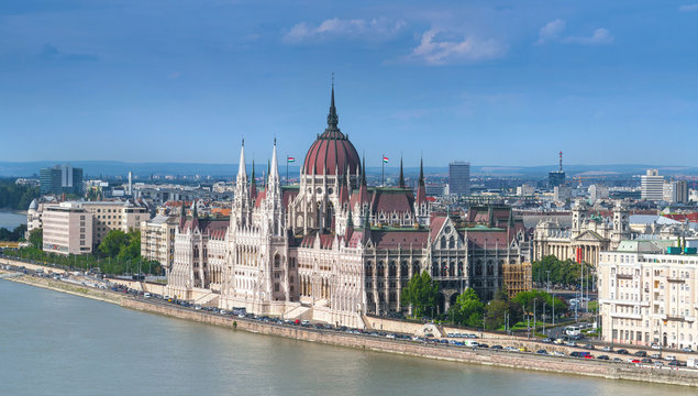 Panoramic view the building of the Parliament in Budapest, Hungary - the capital of Hungary