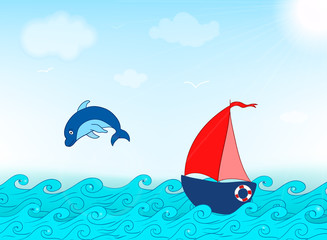 dolphin and boat, childish background