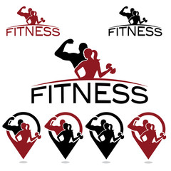 man and woman of fitness silhouette character and pins
