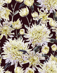 Vintage Watercolor Floral Seamless Background  with Chrysanthemu