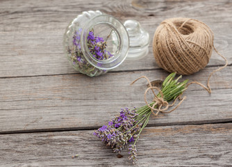 Lavender flowers and glass bottle