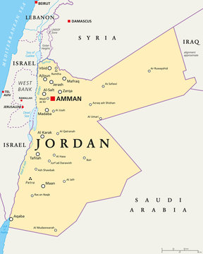 Jordan political map with capital Amman, national borders, important cities, rivers and lakes. English labeling and scaling. Illustration.