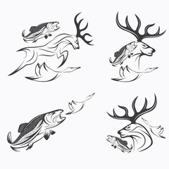 Set of vintage hunting and fishing labels and design elements