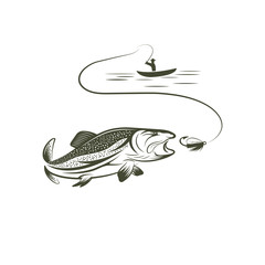 fisherman in boat and salmon