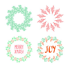 Christmas wreath drawn. Vector set.