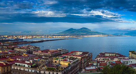 Fototapeta na wymiar Panorama of Naples, view of the port in the Gulf of Naples and Mount Vesuvius. The province of Campania. Italy.