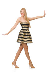 Beautiful girl in gold and black dress isolated on white