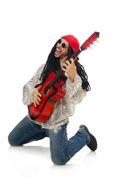 Male musician with guitar isolated on white