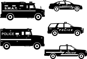 Set of different silhouettes police and sheriff cars. Vector