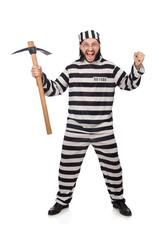Prison inmate with axe isolated on white