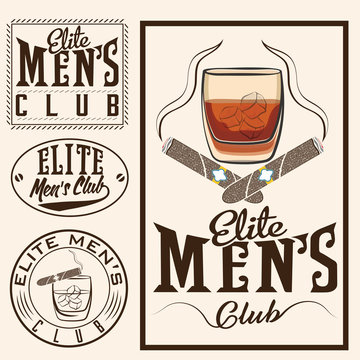 men's club vintage labels with cigars and whiskey glass