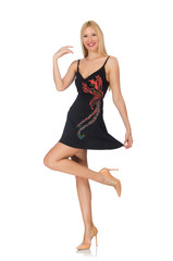 Naklejka premium Tall young woman in black dress isolated on white