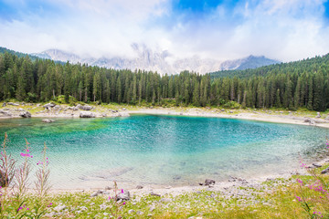 beautiful view of the Lake Carezza (Karersee) in Italy