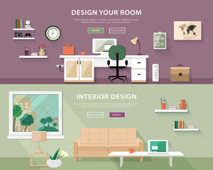Flat style concept set of interior design room types. Web banner vector illustration