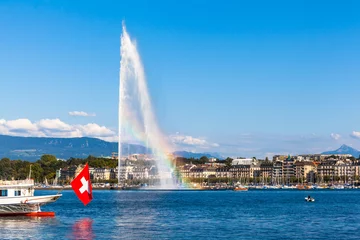 Peel and stick wall murals Historic building Water jet fountain with rainbow in Geneva