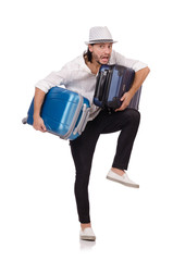 Tourist with suitcases isolated on white