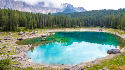 beautiful view of the Lake Carezza (Karersee) in Italy