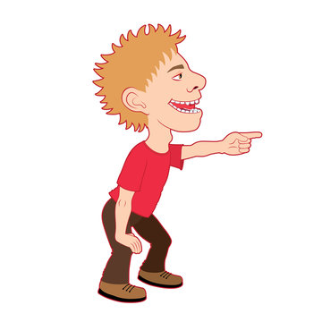 Vector illustration of a cartoon bully boy pointing his finger, laughing and mocking. Blond guy wearing red T-shirt and brown pants. Isolated on white background.