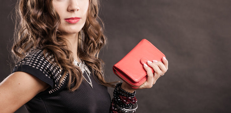 Elegant Woman Holding Red Handbag Clutch Bag