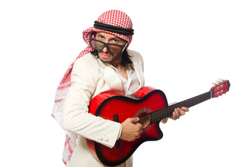 Arab man with guitar on white