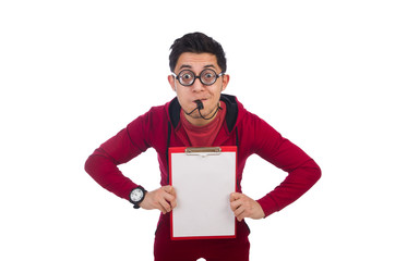 Funny sportsman holding diary isolated on white