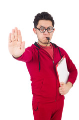 Funny instructor with whistle and diary isolated on white