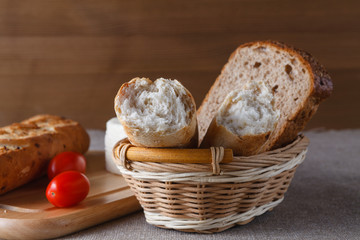 Sliced bread on wood