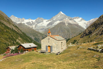 Fototapeta na wymiar View of the Taschalp Chapel, Valais, Switzerland 