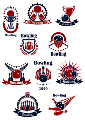 Bowling retro icons with balls and ninepins