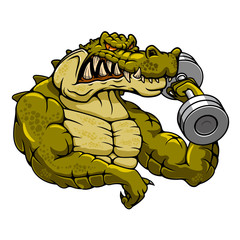 Fototapeta premium Cartoon crocodile mascot with dumbbell