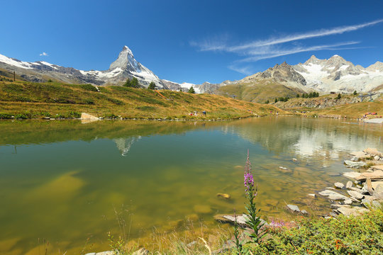 Zermatt, view of the lake Leisee and Matterhorn, Switzerland 