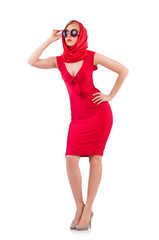 Blondie in red dress isolated on white