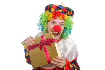 Clown with giftbox isolated on white