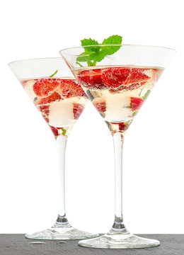 Strawberry Cocktail With Berries In Martini Glass