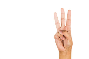Naklejka premium Hand gesturing number three against white background.