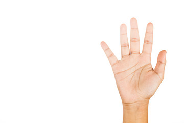 Hand gesturing number five against white background.