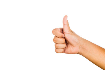 Hand with thumb up against white background.