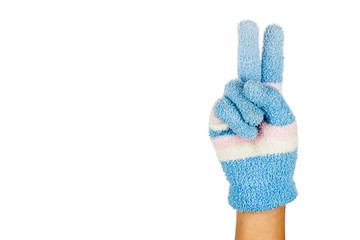 Hand in blue winter glove gesture number two against white background