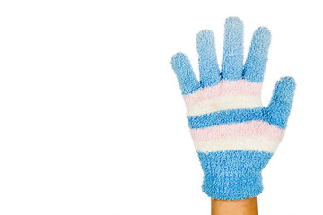 Hand in blue pink winter glove gesture number five against white background